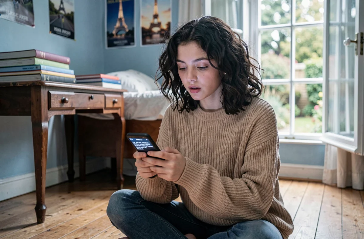 Adolescente apprenant les paroles de la chanson La Maison de Ma Tante sur son smartphone dans sa chambre
