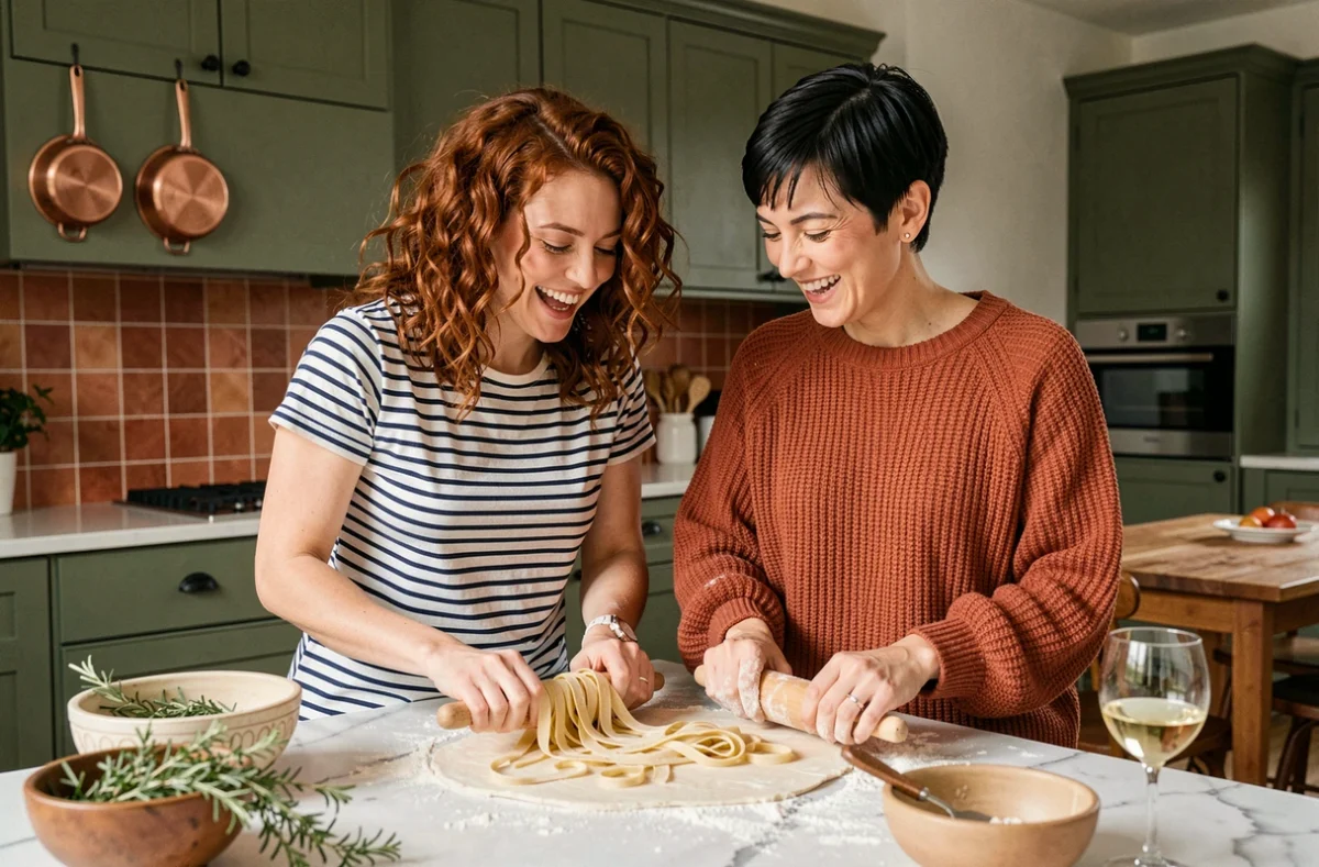 Deux amies préparant des pâtes fraîches ensemble dans une cuisine moderne, activité loisirs culinaires et tendances lifestyle