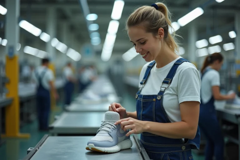 Femme en salopette assemble une sneaker en usine