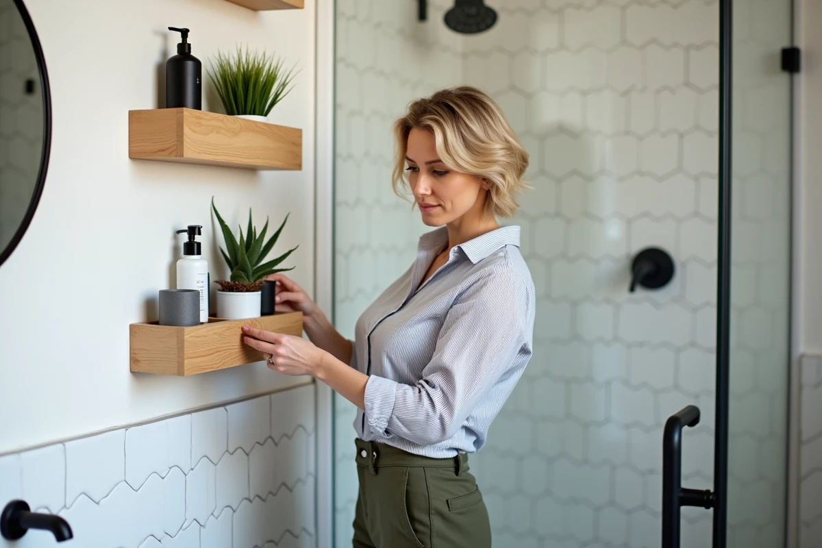 Femme installant un organisateur mural dans une salle de bain minimaliste pour optimiser l'espace et le quotidien
