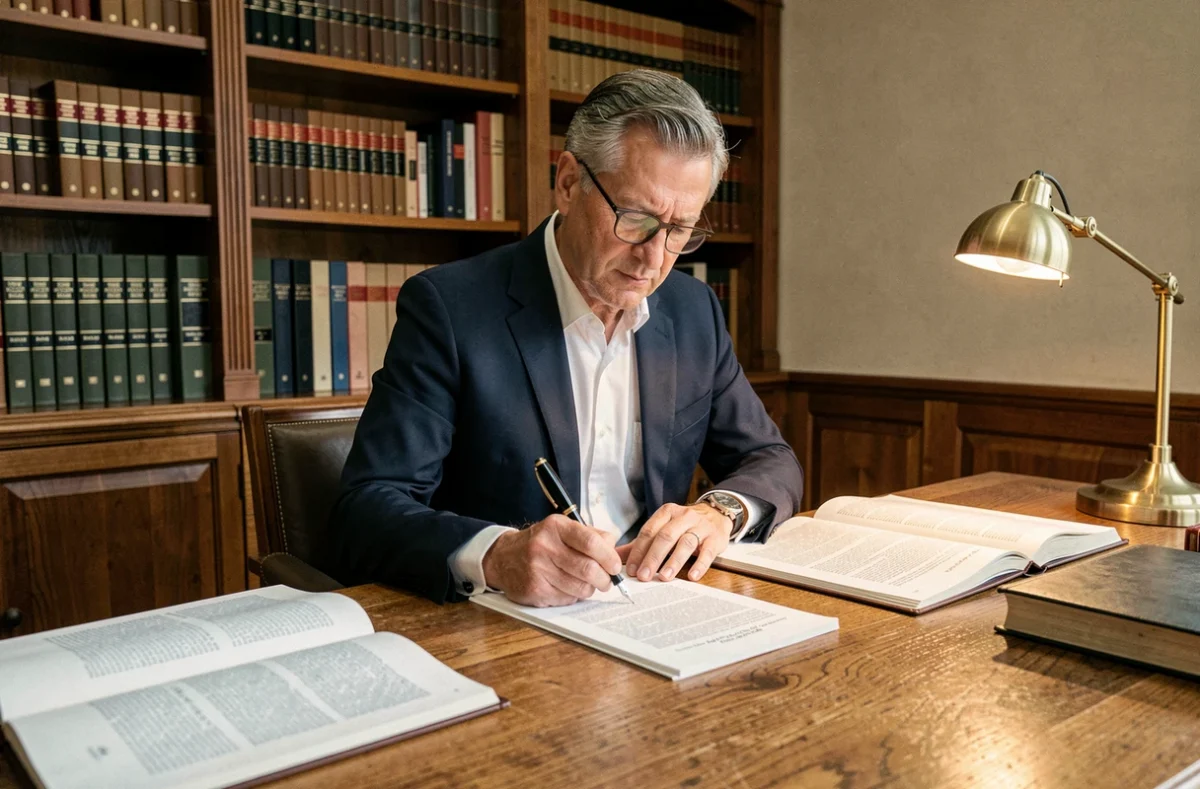 Avocat annotant un document juridique relatif à l'article 455 du code de procédure civile dans son cabinet