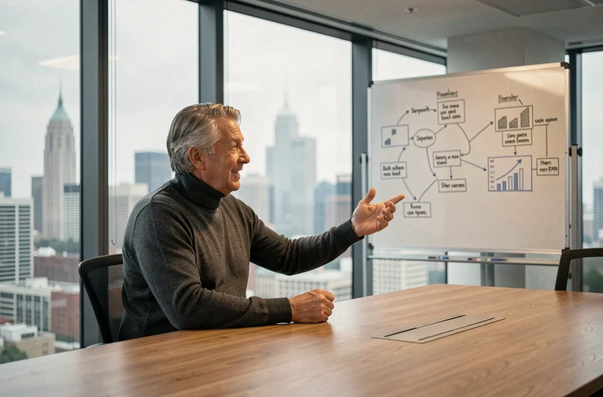 Cadre expérimenté présentant une stratégie d'innovation sur tableau numérique dans une salle de réunion en hauteur
