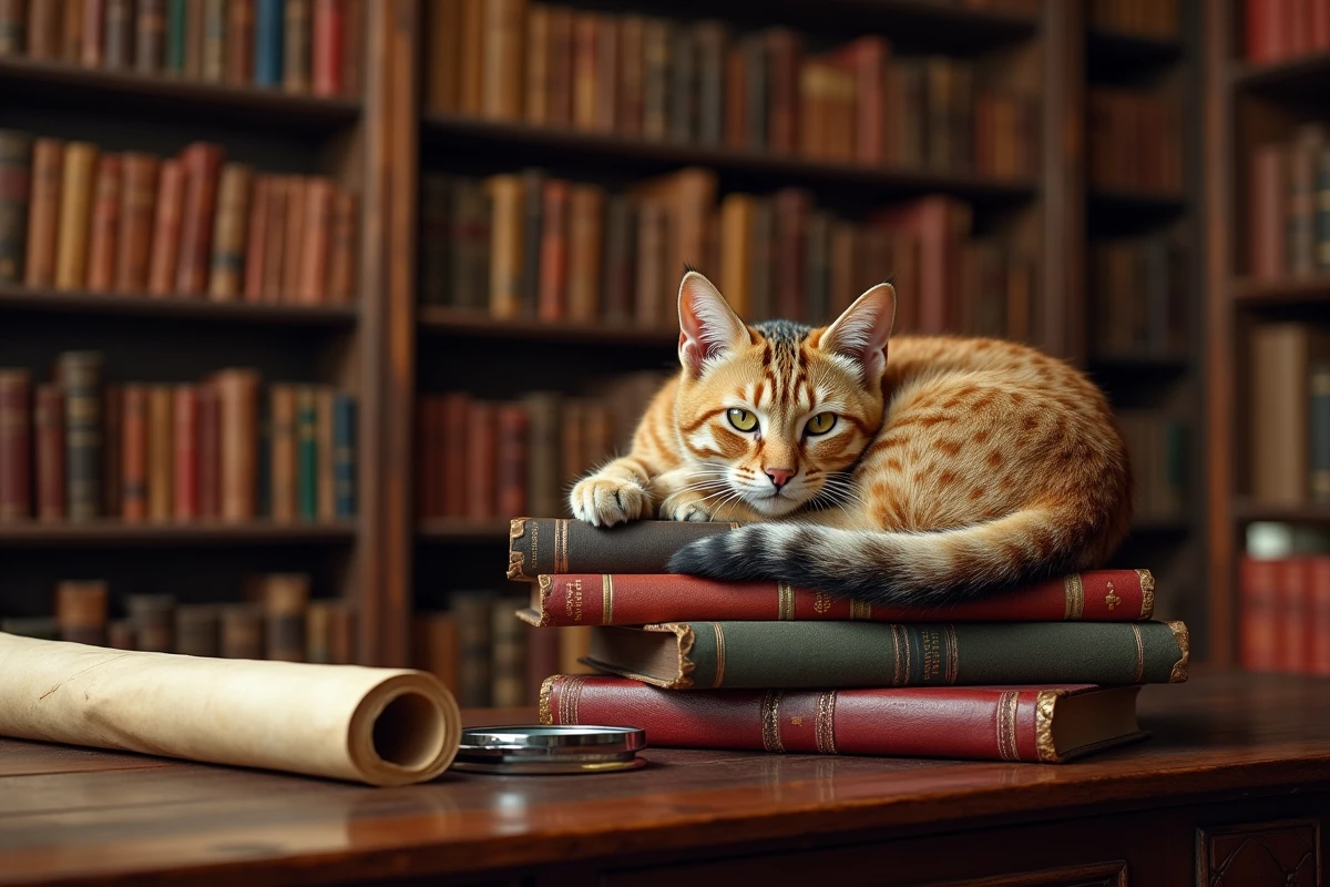 Chat beige et marron lové sur des livres anciens reliés en cuir dans une librairie antiquaire européenne, évoquant la symbolique du chat gardien du savoir
