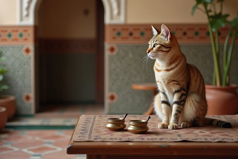 Chat beige et marron assis sur une table en bois dans un riad marocain aux carreaux de céramique colorés, symbole de sérénité culturelle