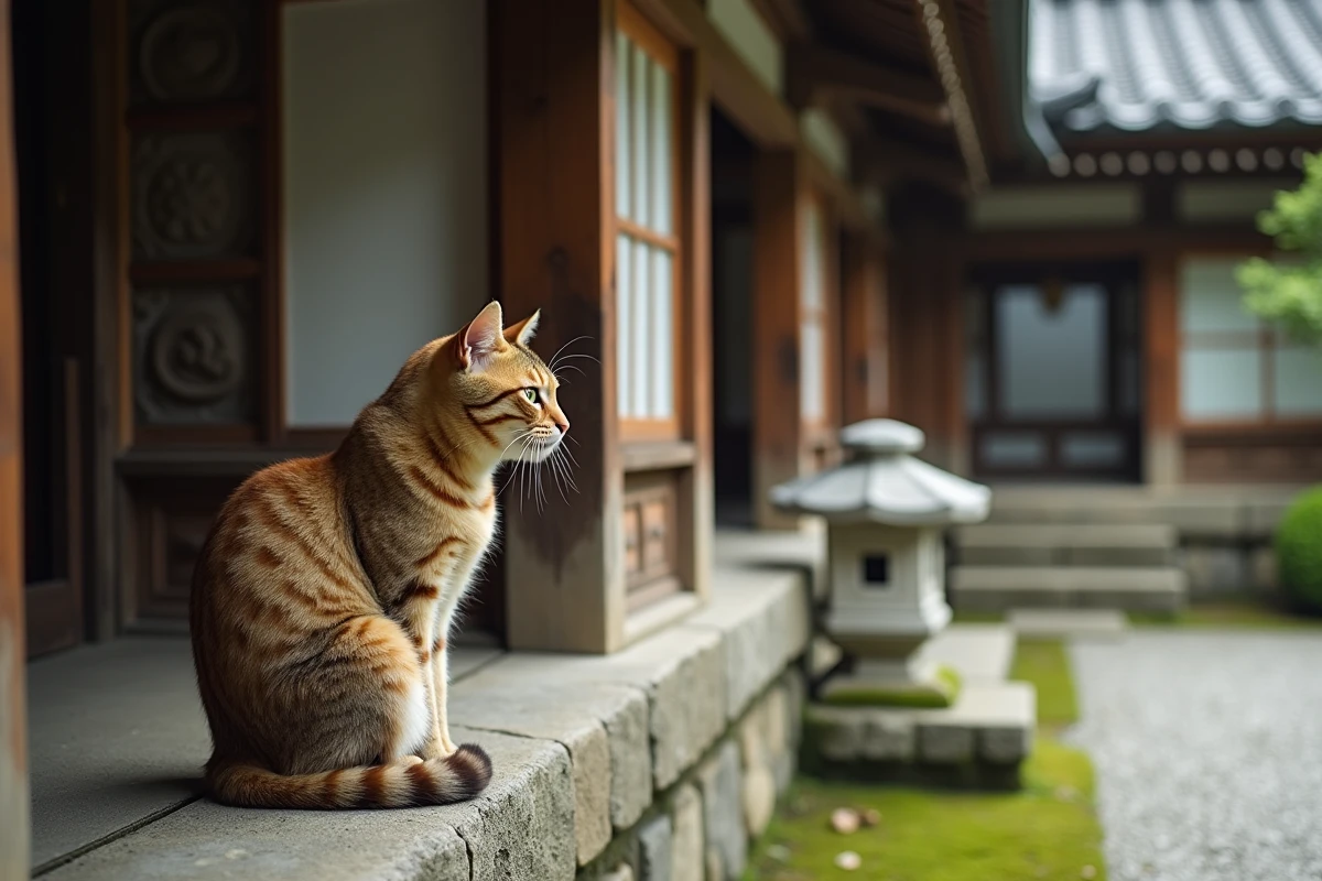 Chat tabby beige et marron perché sur un rebord en pierre d'un temple japonais en bois ancien, entouré d'un jardin zen en gravier et mousse