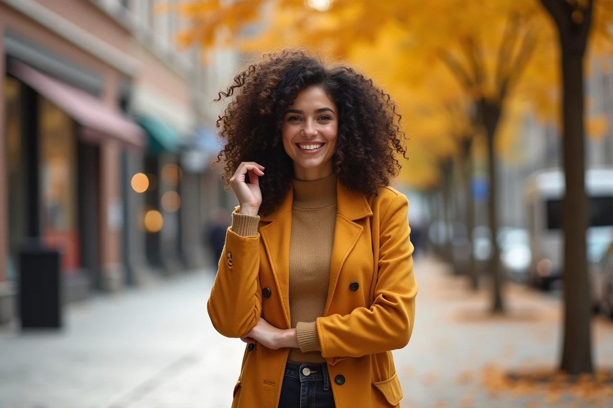 Jeune femme aux cheveux bouclés naturels portant un manteau moutarde dans une rue parisienne en automne