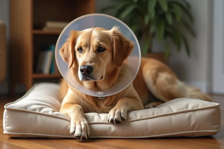 Chien golden retriever portant une collerette plastique après une opération, allongé sur un lit orthopédique dans un salon chaleureux