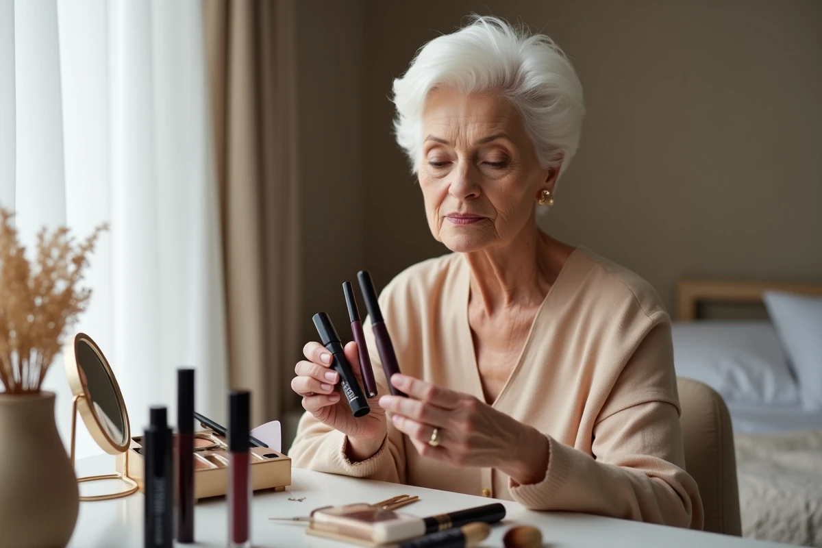 Femme élégante aux cheveux blancs choisissant parmi plusieurs teintes de mascara posées sur une coiffeuse