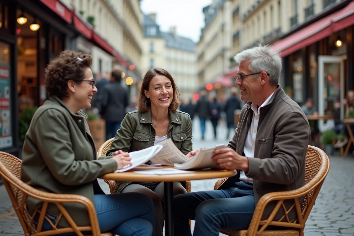 Groupe de citoyens français discutant de l'actualité autour d'un café en terrasse à Paris