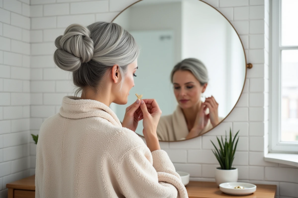 Femme élégante aux cheveux gris en chignon arrangeant ses accessoires de coiffure devant un miroir dans une salle de bain scandinave