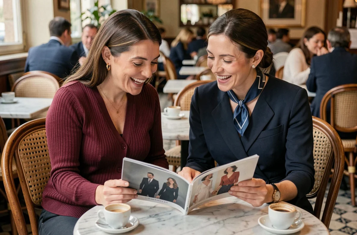 Deux femmes élégantes assises dans un café parisien consultant un magazine de mode ensemble, conseils style et tendances au quotidien
