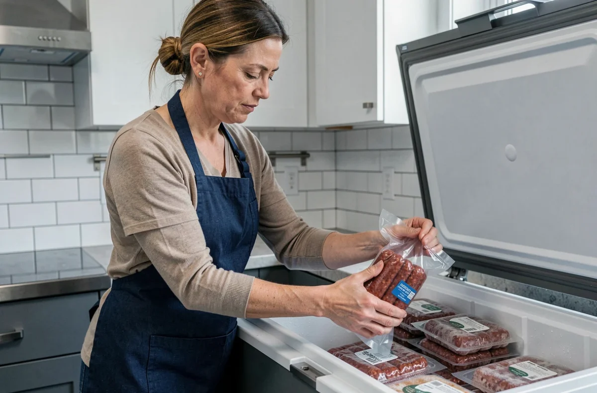 Femme rangeant des merguez sous vide dans un congélateur domestique pour une conservation optimale