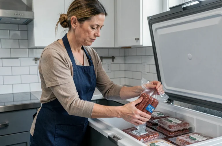 Femme rangeant des merguez sous vide dans un congélateur domestique pour une conservation optimale