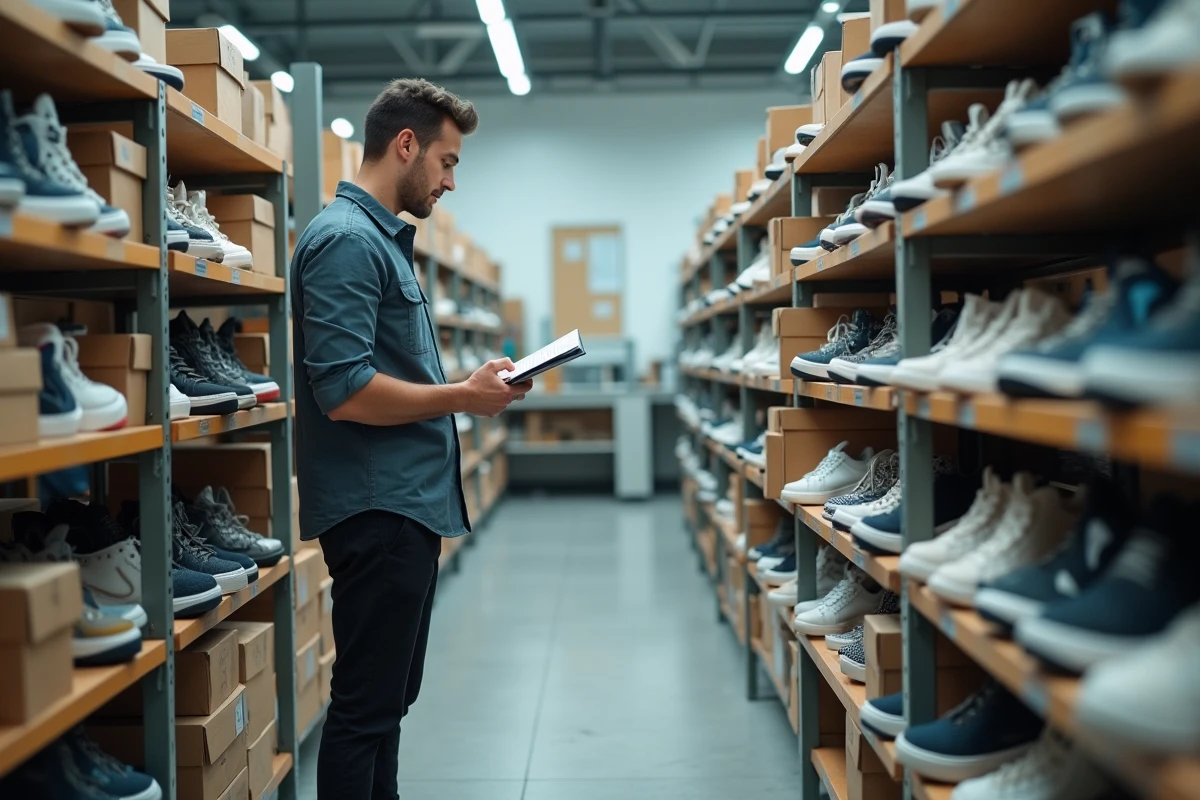 Jeune homme inspecte des sneakers sur un rack