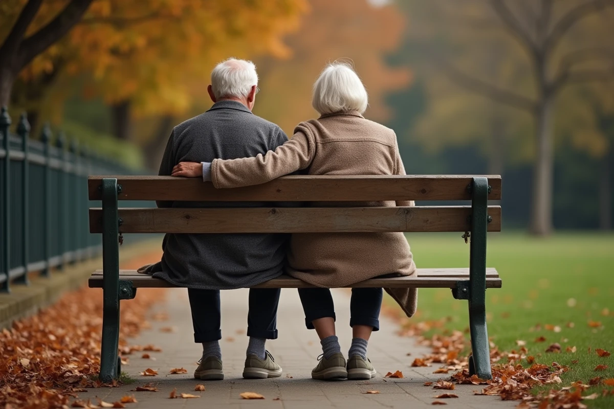 Couple de personnes âgées assis sur un banc en automne, jambes visibles avec marbrures cutanées naturelles