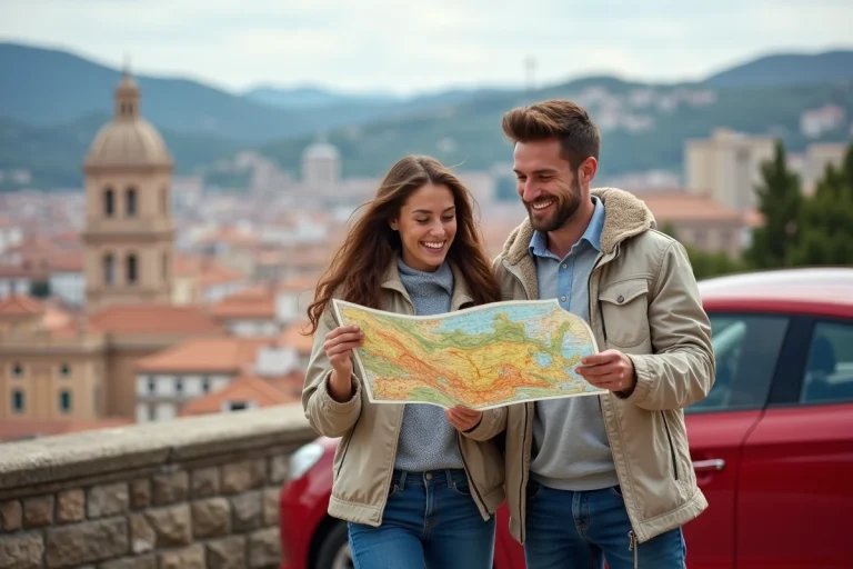 Jeune couple regardant une carte avec vue sur la ville