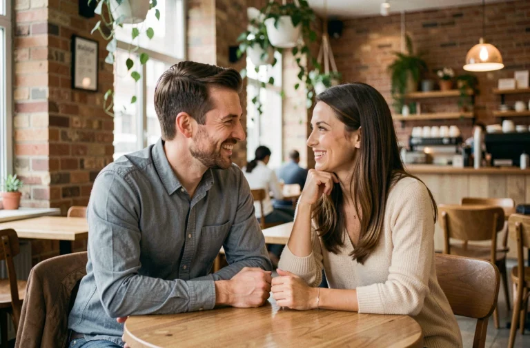 Couple heureux assis ensemble dans un café urbain, illustrant une histoire d'amour authentique