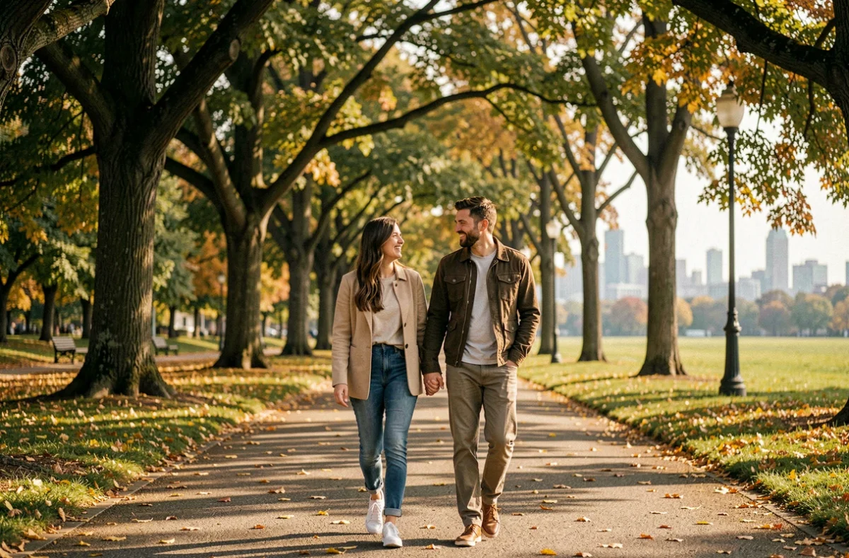 Couple se promenant main dans la main dans un parc en automne, évoquant la complicité et le bonheur conjugal