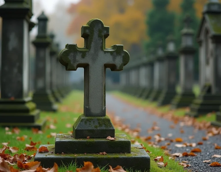 Croix funéraire en pierre sur une tombe dans un cimetière français entouré de feuilles d'automne