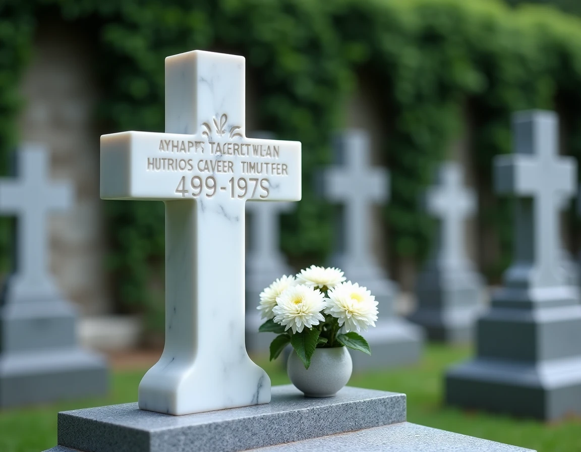 Gros plan d'une croix en marbre blanc gravée sur une tombe avec chrysanthèmes blancs