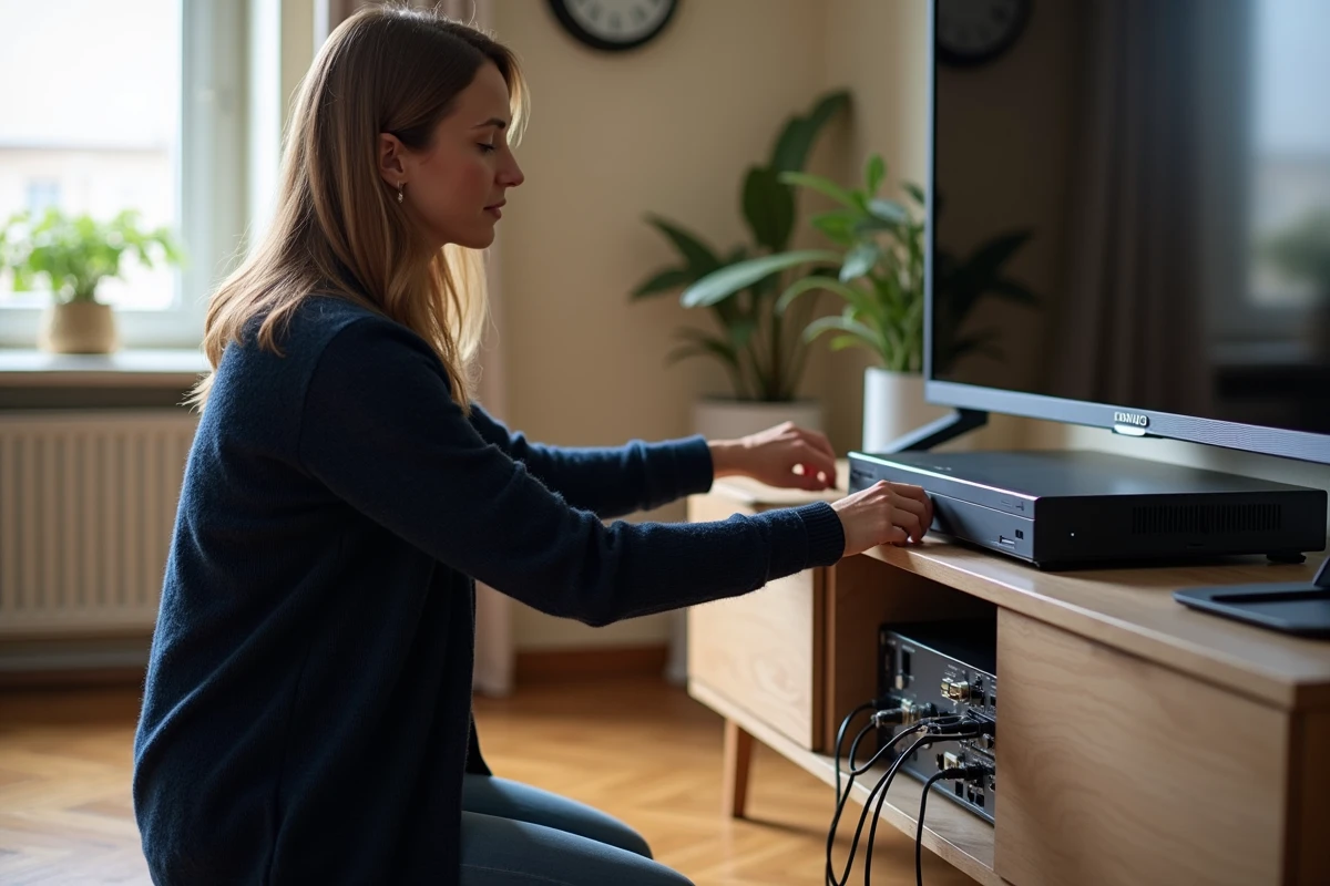 Femme inspectant les câbles et le panneau arrière d'un décodeur satellite Fransat dans un appartement