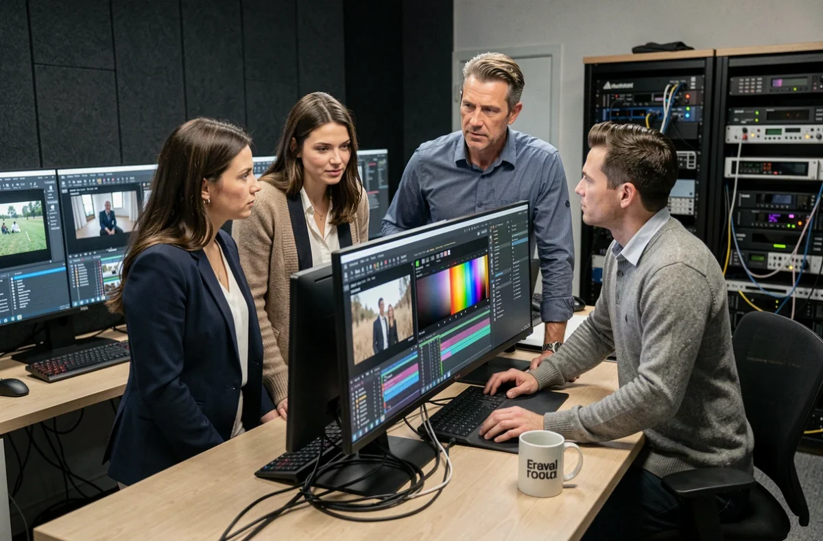 Équipe de professionnels en réunion de post-production vidéo autour d'un écran de montage dans un studio corporate moderne