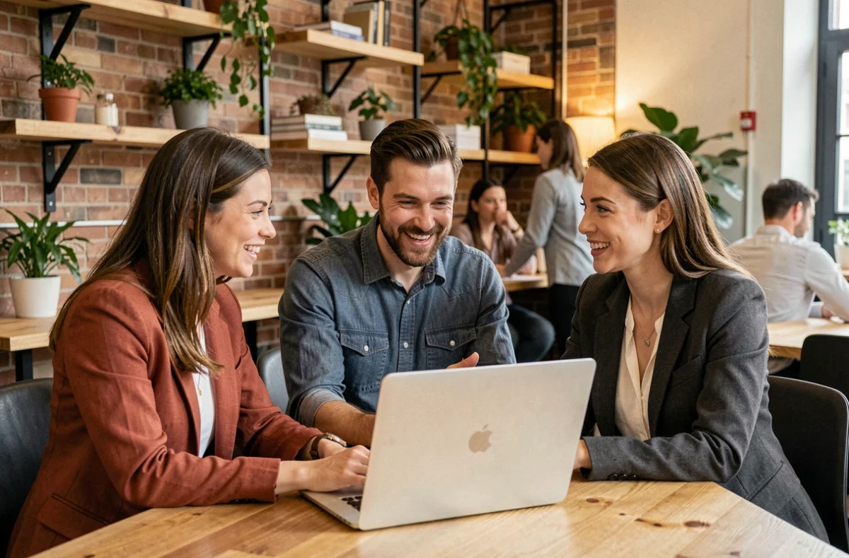 Équipe de professionnels diversifiés collaborant autour d'un ordinateur portable dans un espace de coworking moderne