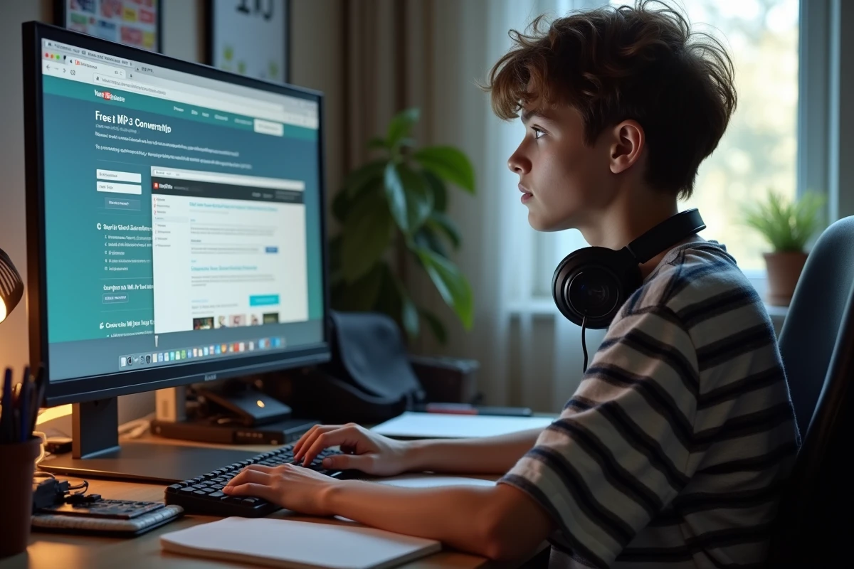Adolescent utilisant un outil gratuit de conversion YouTube vers MP3 sur ordinateur de bureau dans une chambre d'étudiant