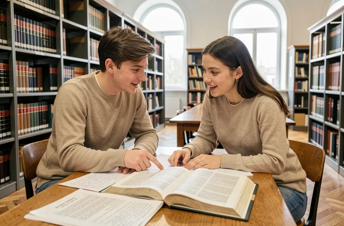 Étudiants en droit étudiant l'article 455 du code de procédure civile dans une bibliothèque universitaire