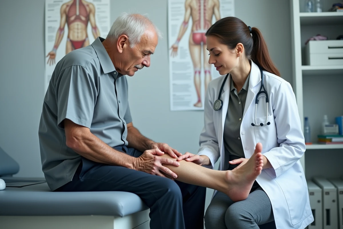 Médecin examinant les jambes marbrées d'un patient âgé lors d'une consultation médicale