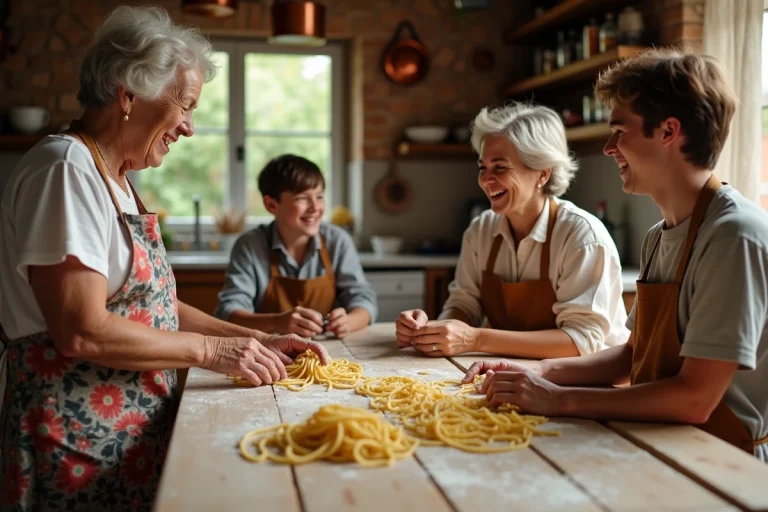 Grand-mère, mère et adolescents préparant des pâtes ensemble dans une cuisine familiale rustique