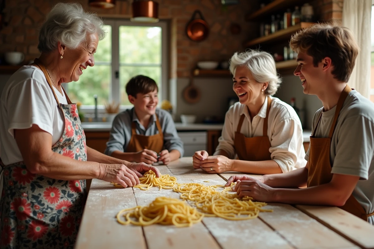Grand-mère, mère et adolescents préparant des pâtes ensemble dans une cuisine familiale rustique