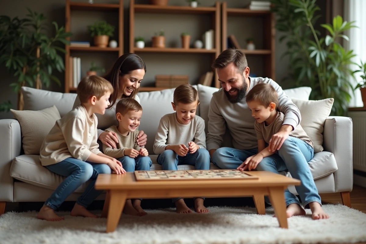 Famille jouant à un jeu de société dans un salon cosy lors d'un après-midi dominical