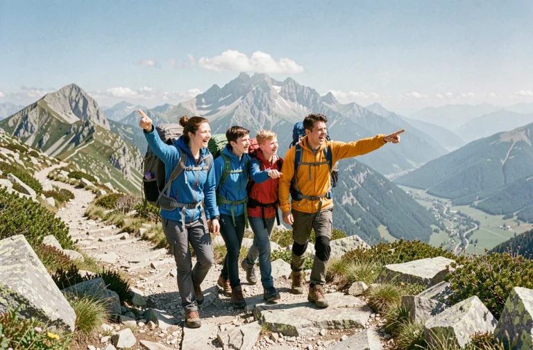 Famille en randonnée sur la crête du tour des Pérics dans les Pyrénées, avec panorama alpin au loin
