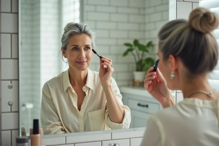 Femme de 60 ans appliquant du mascara brun devant un miroir de salle de bain, regard illuminé et naturel
