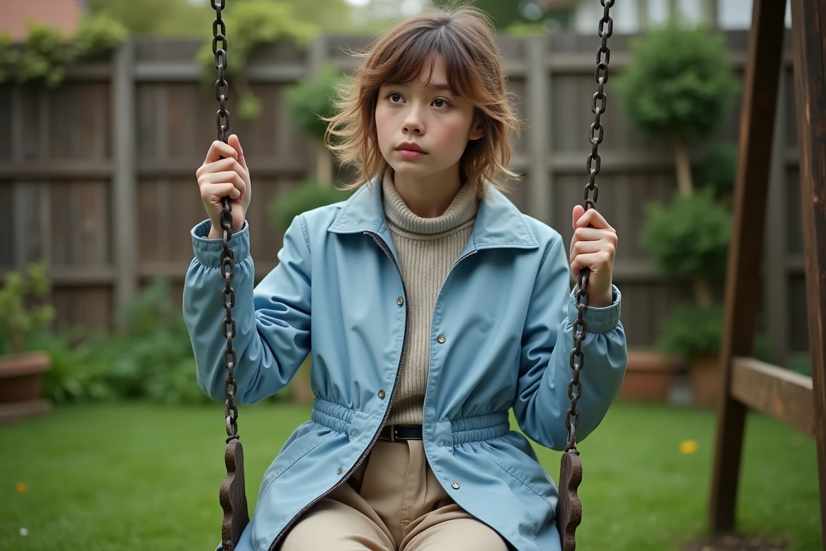 Jeune femme assise sur une balançoire dans un jardin