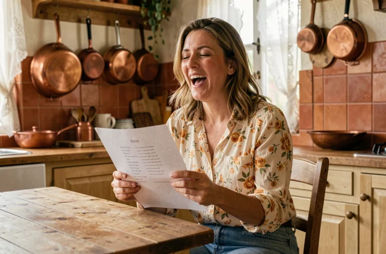 Femme française chantant les paroles de La Maison de Ma Tante dans une cuisine rustique