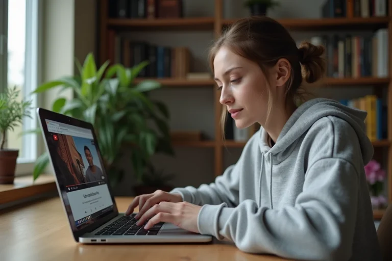 Jeune femme utilisant un convertisseur YouTube MP3 sur son ordinateur portable dans un bureau à domicile