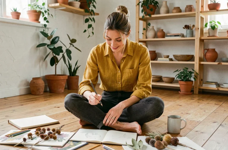 Femme créative dessinant entourée de fournitures artistiques dans un appartement de style scandinave, activité loisirs tendance