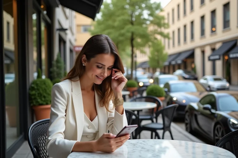 Femme élégante vérifiant son smartphone en terrasse chic