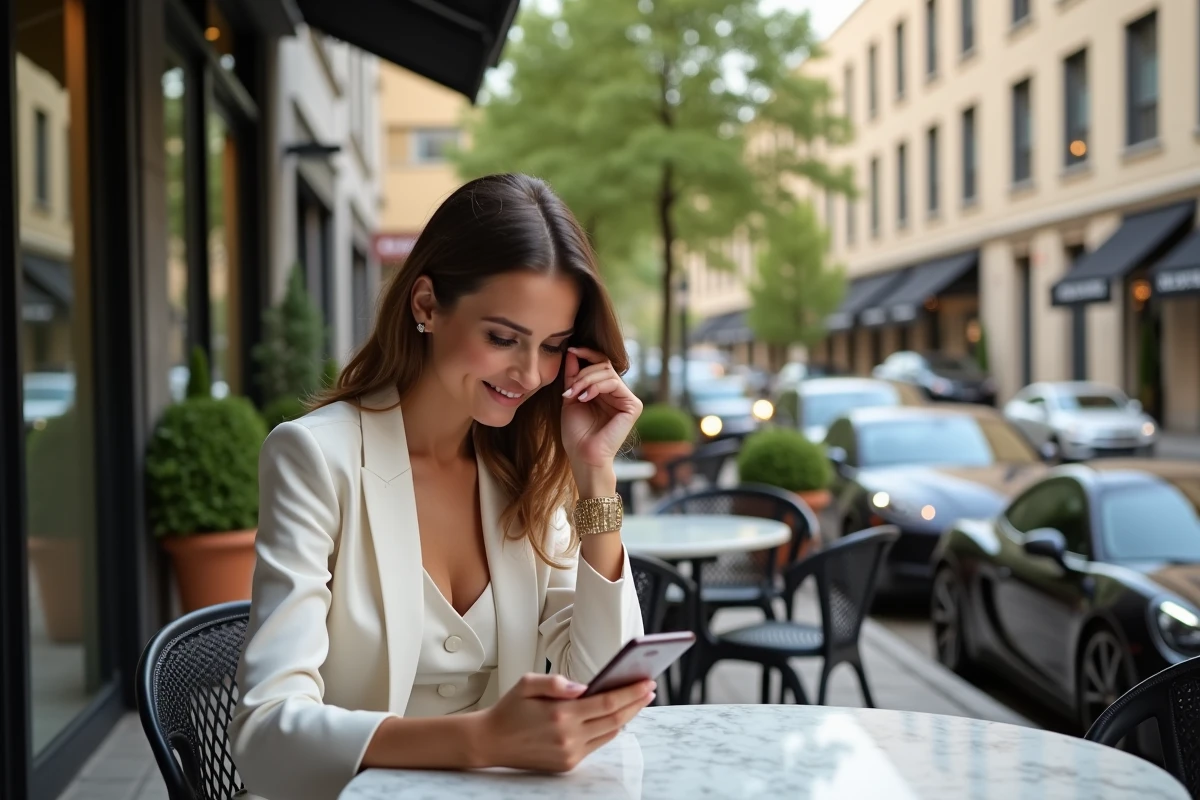 Femme élégante vérifiant son smartphone en terrasse chic