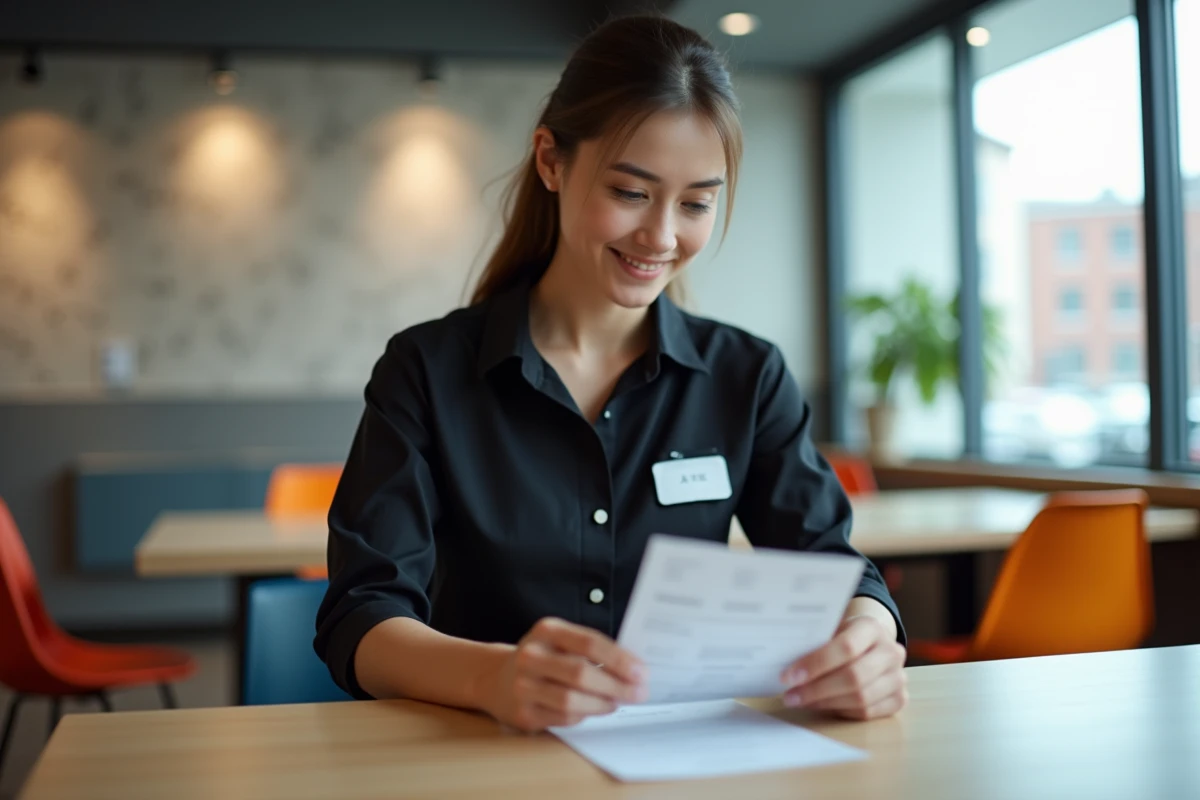 Femme en uniforme lisant une fiche de paie dans la salle de pause