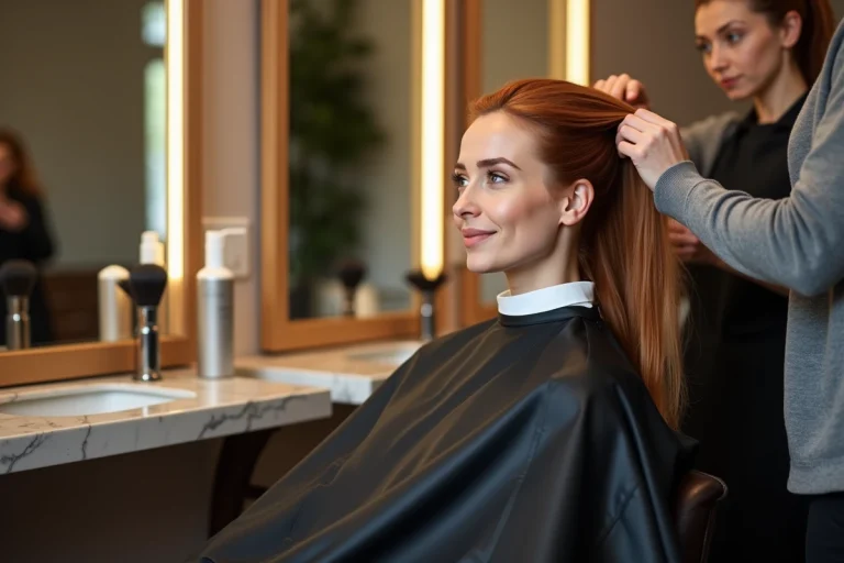 Femme aux cheveux auburn dans un salon de coiffure moderne se regardant dans le miroir pendant une mise en forme professionnelle