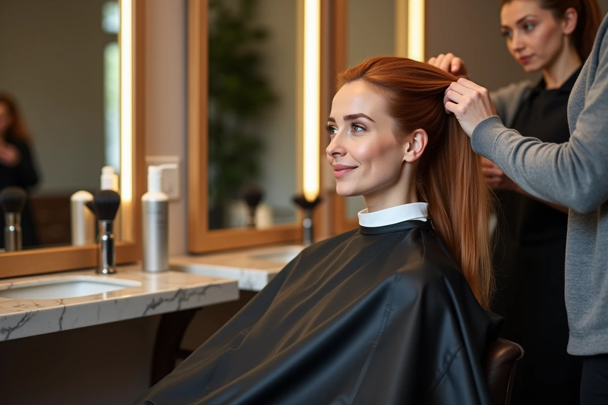 Femme aux cheveux auburn dans un salon de coiffure moderne se regardant dans le miroir pendant une mise en forme professionnelle