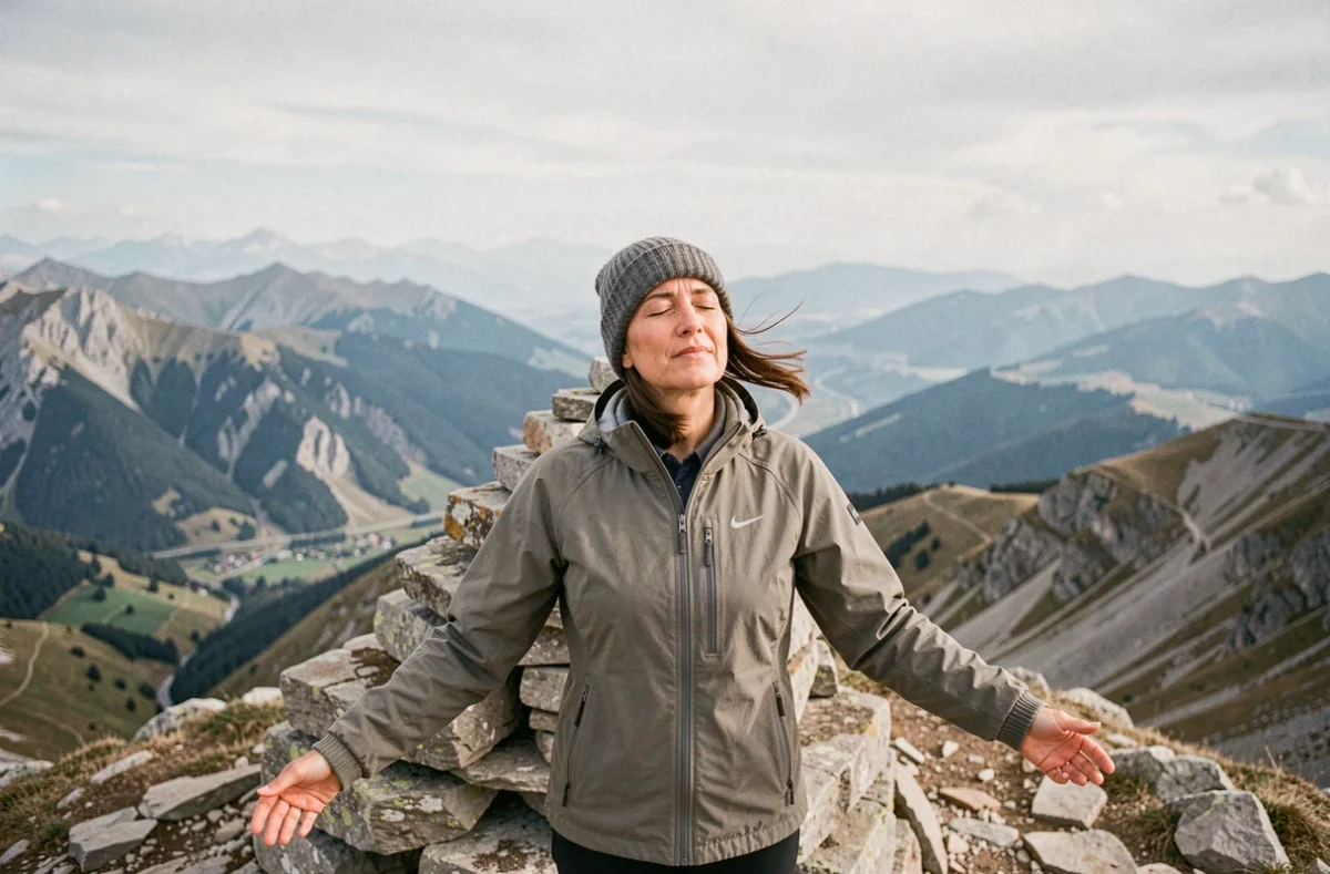 Femme au sommet du Pic des Pérics avec panorama à 360 degrés sur les Pyrénées catalanes