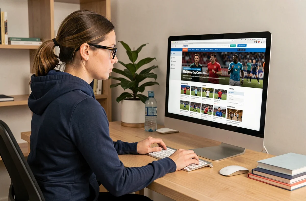 Femme sportive consultant un site d'actualités sportives bien organisé sur un grand écran de bureau dans un home office moderne