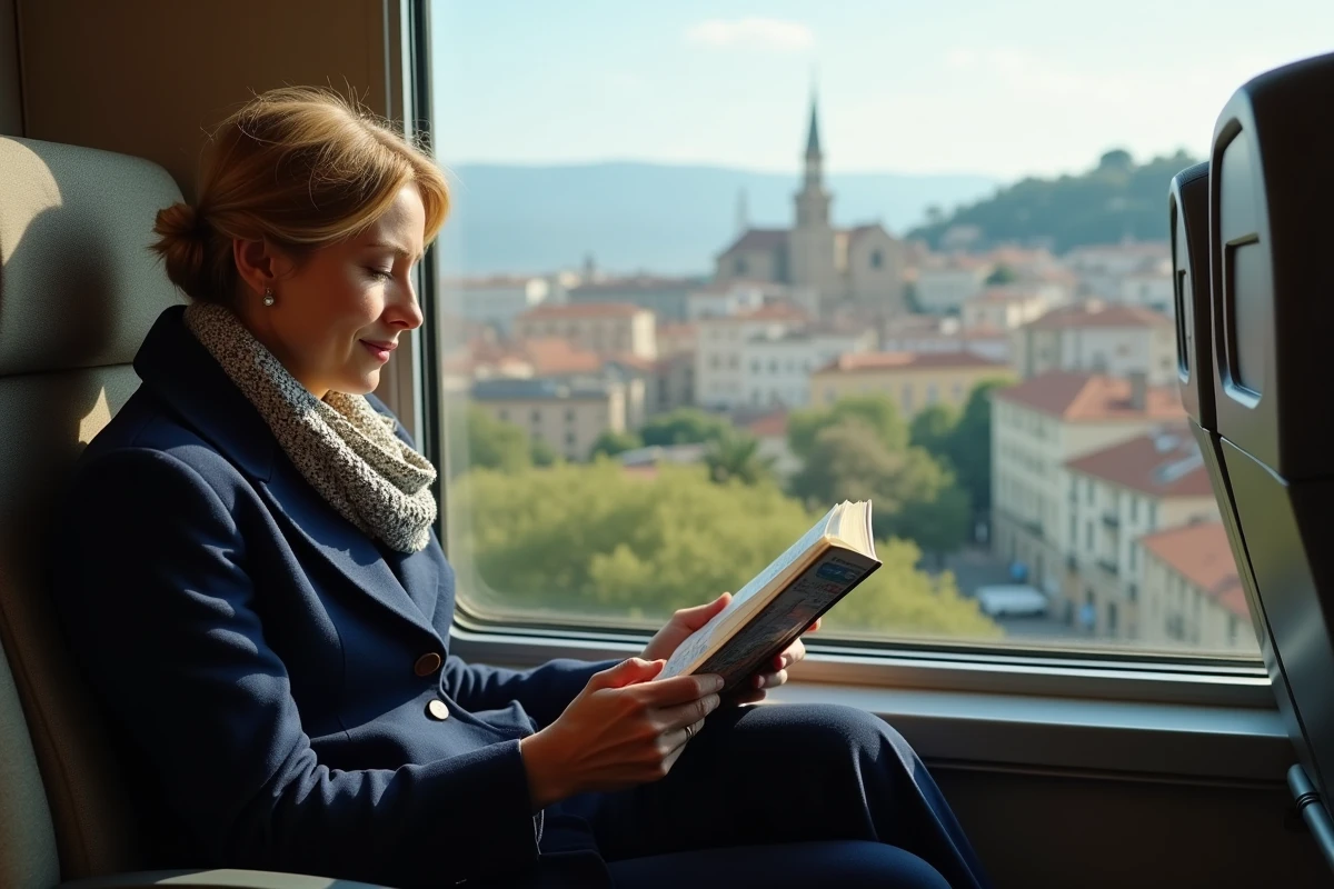 Femme lisant un guide dans un train en voyage
