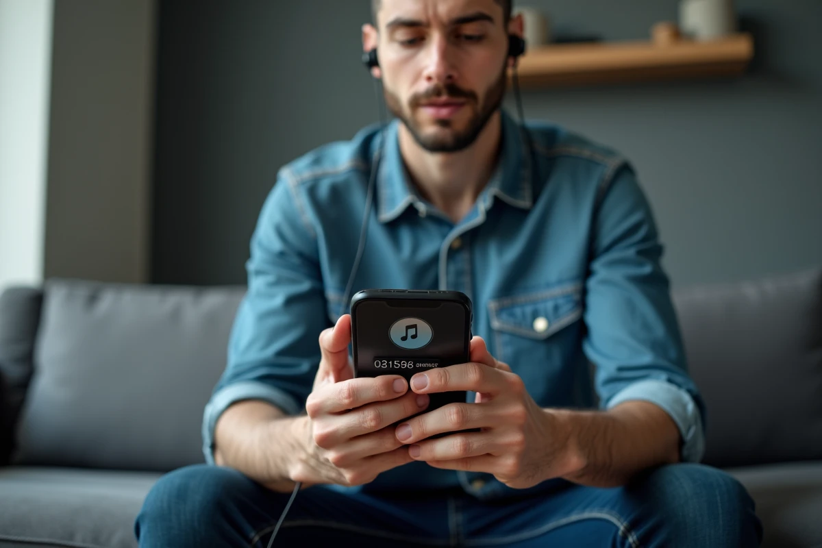 Homme convertissant une vidéo YouTube en MP3 sur smartphone avec écouteurs sans fil dans un salon moderne