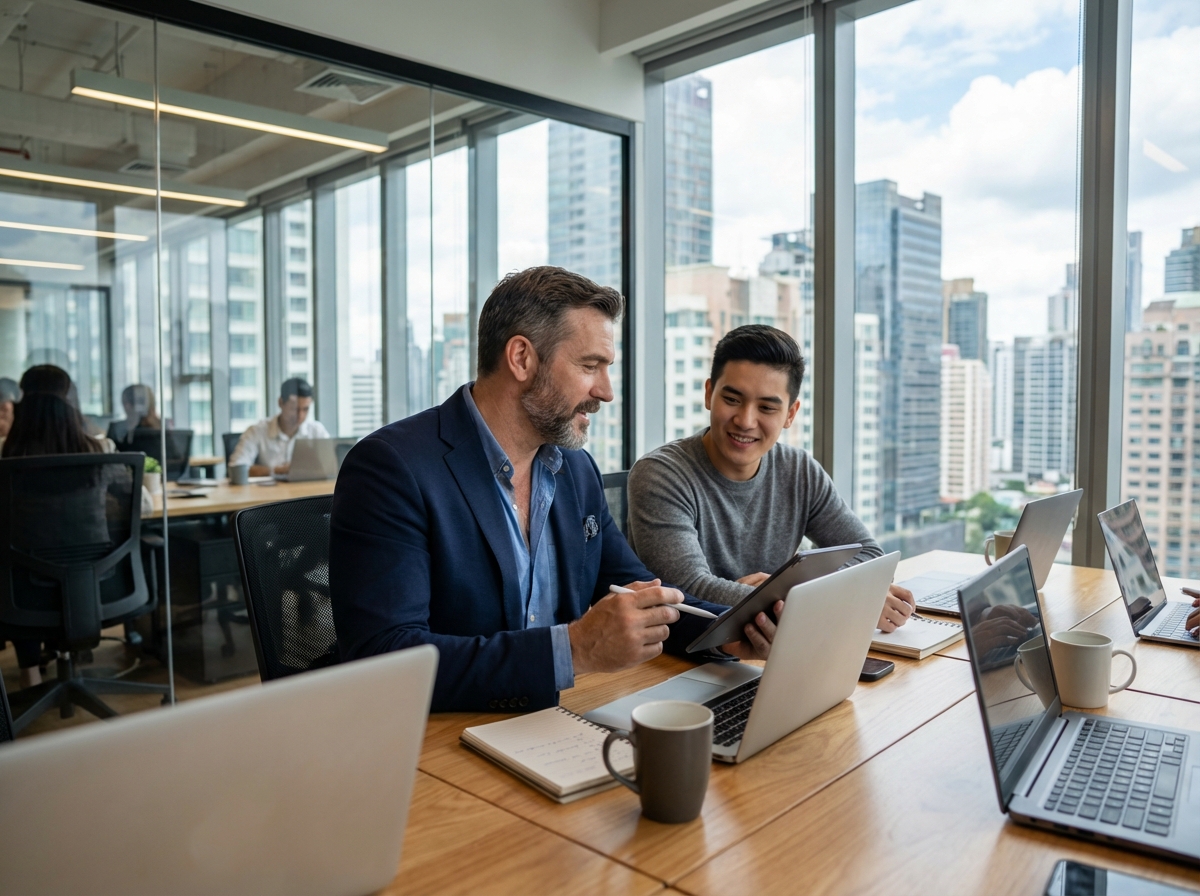 Homme en blazer discutant avec un collègue dans un espace de coworking