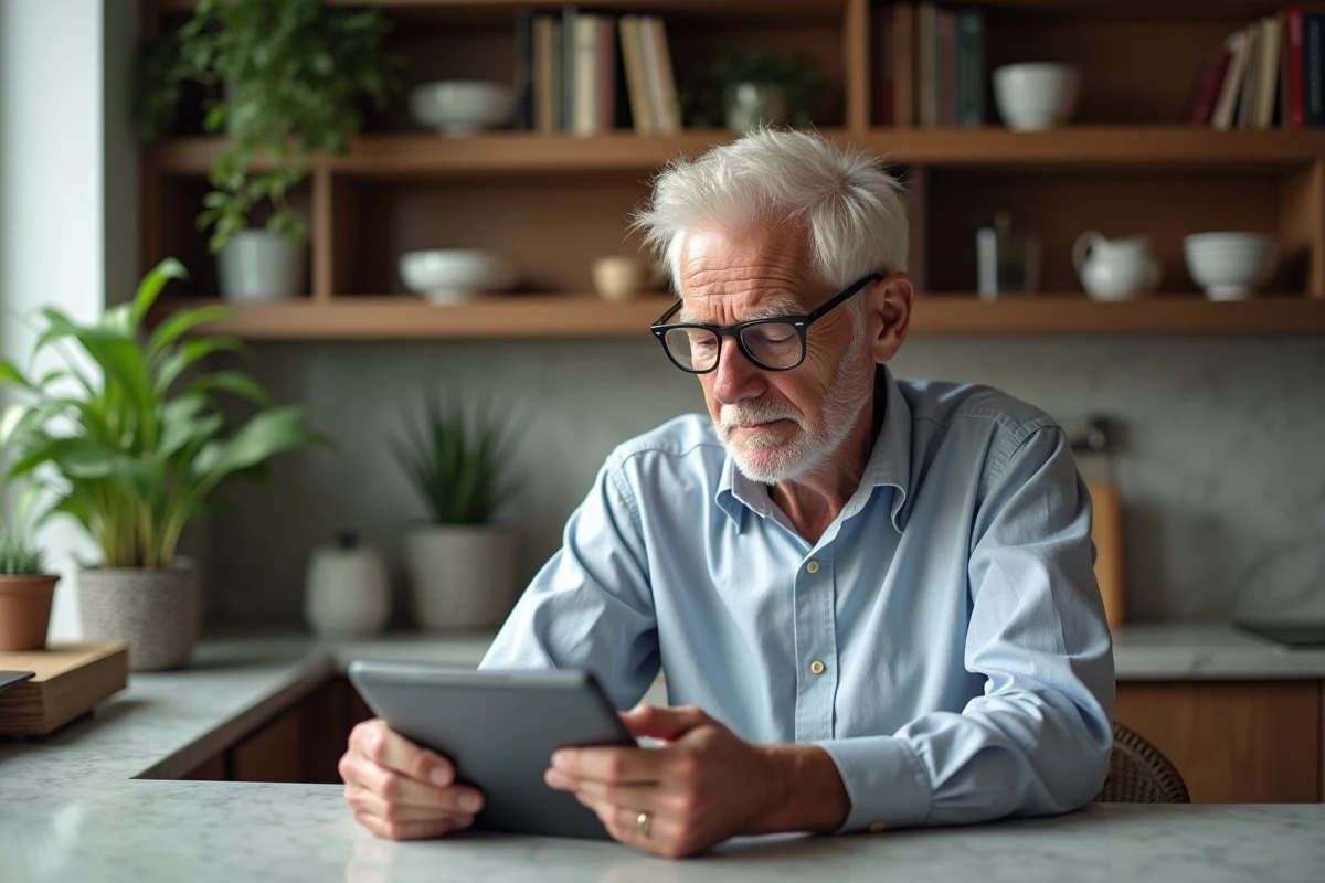 Homme âgé lisant une tablette à la maison